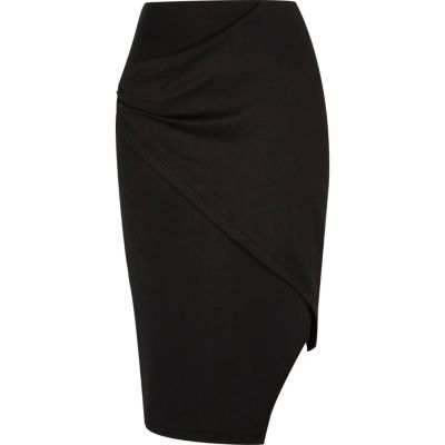 Black asymmetric wrap front skirt